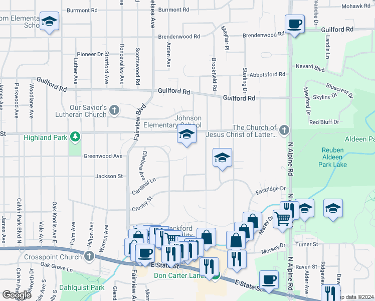 map of restaurants, bars, coffee shops, grocery stores, and more near 3805 Rural Street in Rockford