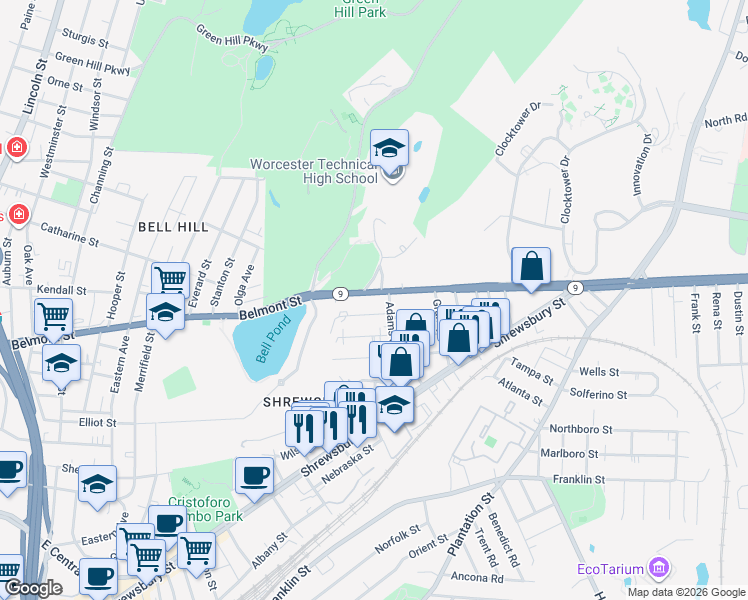 map of restaurants, bars, coffee shops, grocery stores, and more near 14 Johnson Street in Worcester