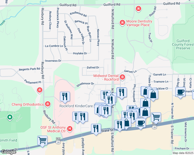 map of restaurants, bars, coffee shops, grocery stores, and more near 5851 Garrett Lane in Rockford