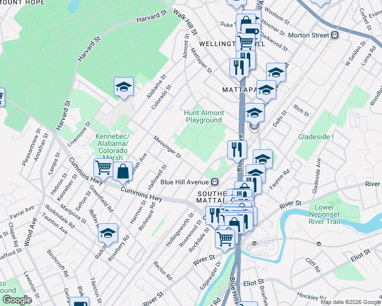 map of restaurants, bars, coffee shops, grocery stores, and more near 77 Favre Street in Boston
