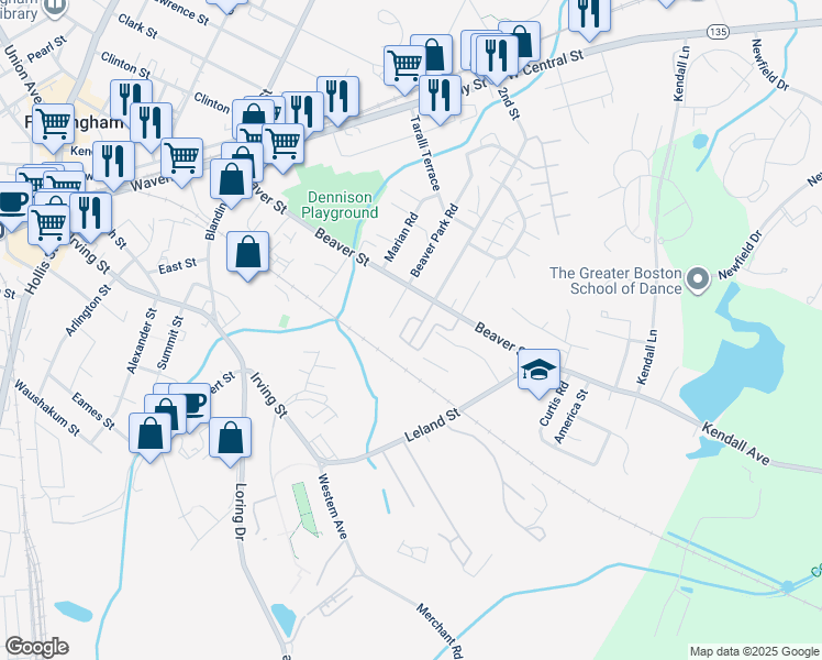 map of restaurants, bars, coffee shops, grocery stores, and more near 157 2nd Street in Framingham