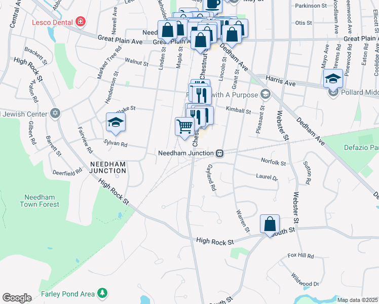 map of restaurants, bars, coffee shops, grocery stores, and more near in Needham