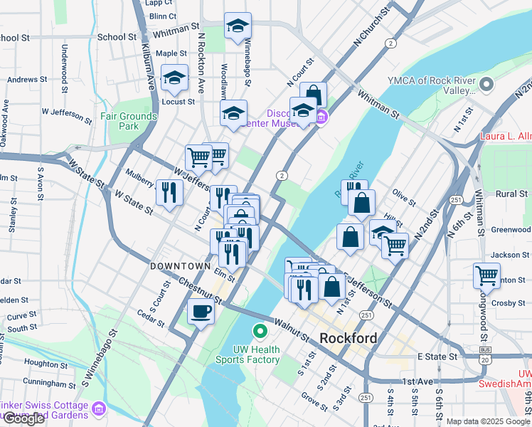 map of restaurants, bars, coffee shops, grocery stores, and more near 303 North Main Street in Rockford