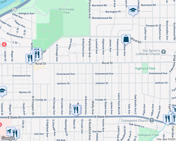 map of restaurants, bars, coffee shops, grocery stores, and more near 2304 Greenwood Avenue in Rockford