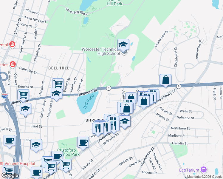 map of restaurants, bars, coffee shops, grocery stores, and more near 14 Johnson Street in Worcester