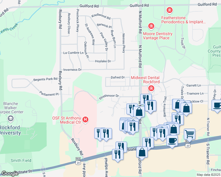 map of restaurants, bars, coffee shops, grocery stores, and more near 5807 Garrett Lane in Rockford