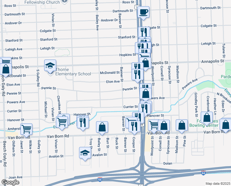 map of restaurants, bars, coffee shops, grocery stores, and more near 24345 Pennie Street in Dearborn Heights