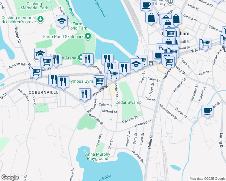 map of restaurants, bars, coffee shops, grocery stores, and more near 4 Naples Street in Framingham