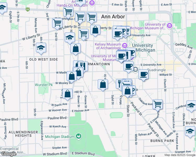 map of restaurants, bars, coffee shops, grocery stores, and more near 321 John Street in Ann Arbor