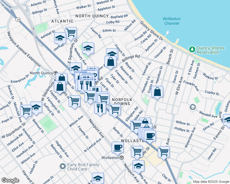 map of restaurants, bars, coffee shops, grocery stores, and more near 55 Lunt Street in Quincy