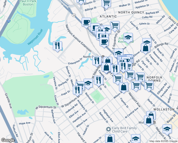 map of restaurants, bars, coffee shops, grocery stores, and more near 115 West Squantum Street in Quincy