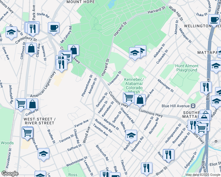 map of restaurants, bars, coffee shops, grocery stores, and more near 592 Cummins Highway in Boston