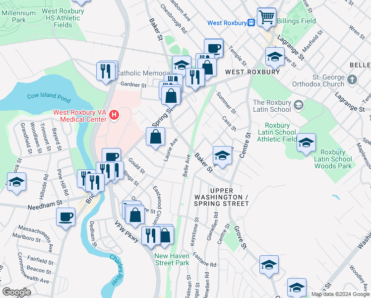 map of restaurants, bars, coffee shops, grocery stores, and more near 68 Morrell Street in Boston