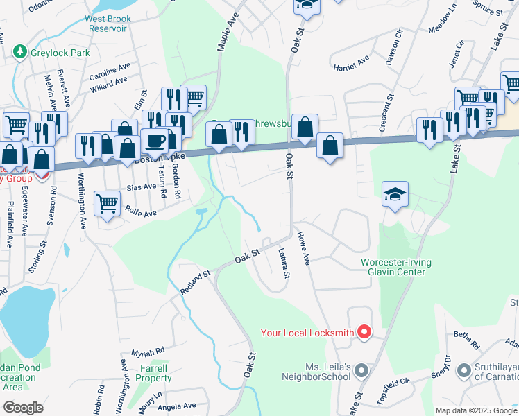 map of restaurants, bars, coffee shops, grocery stores, and more near 27 Sheridan Drive in Shrewsbury