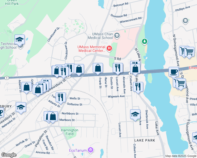 map of restaurants, bars, coffee shops, grocery stores, and more near 16 Carver Street in Worcester