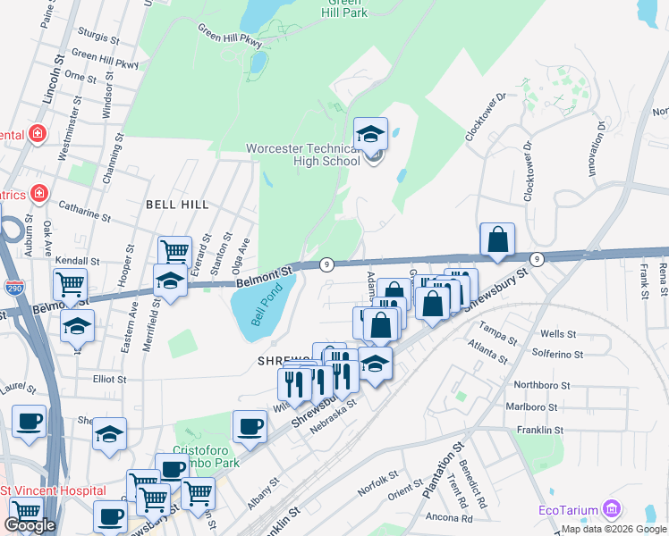 map of restaurants, bars, coffee shops, grocery stores, and more near 14 Johnson Street in Worcester