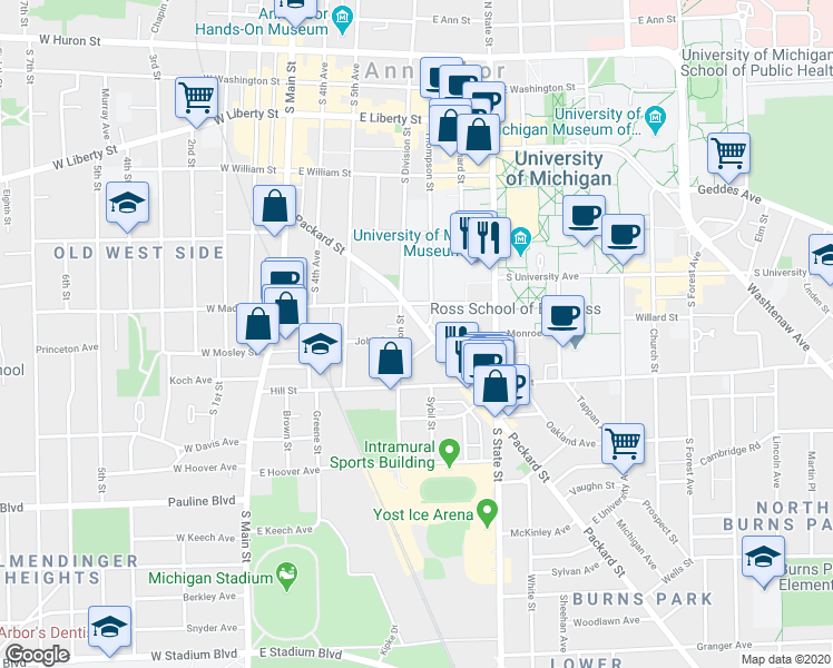 map of restaurants, bars, coffee shops, grocery stores, and more near 431 Cross Street in Ann Arbor