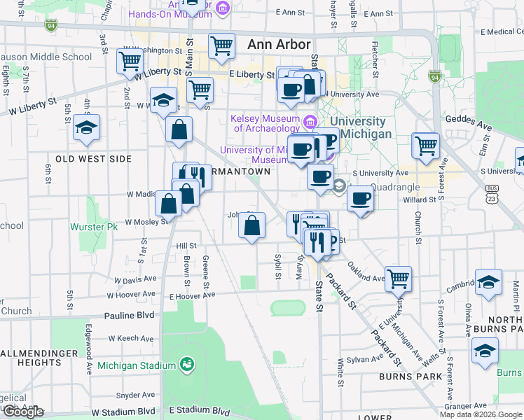 map of restaurants, bars, coffee shops, grocery stores, and more near 431 Cross Street in Ann Arbor
