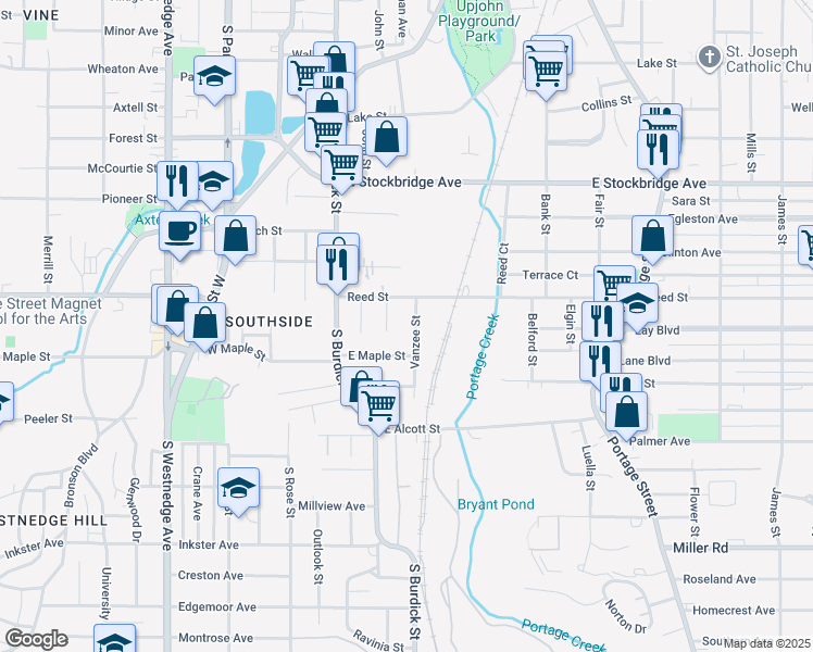 map of restaurants, bars, coffee shops, grocery stores, and more near 1831 Vanzee Street in Kalamazoo