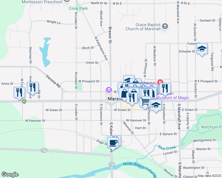 map of restaurants, bars, coffee shops, grocery stores, and more near 224 North Kalamazoo Avenue in Marshall