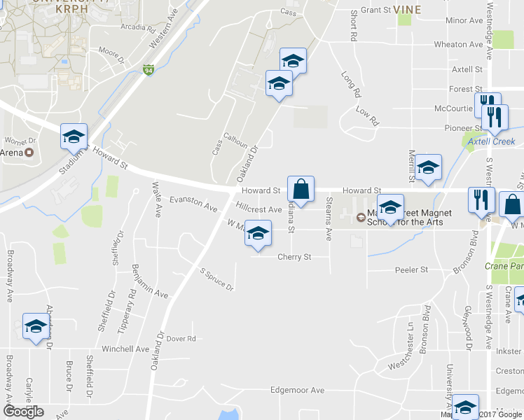 map of restaurants, bars, coffee shops, grocery stores, and more near 1341 Hillcrest Avenue in Kalamazoo