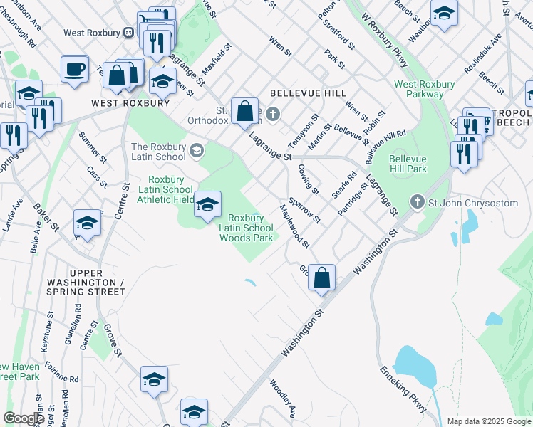map of restaurants, bars, coffee shops, grocery stores, and more near 8 Plover Street in Boston