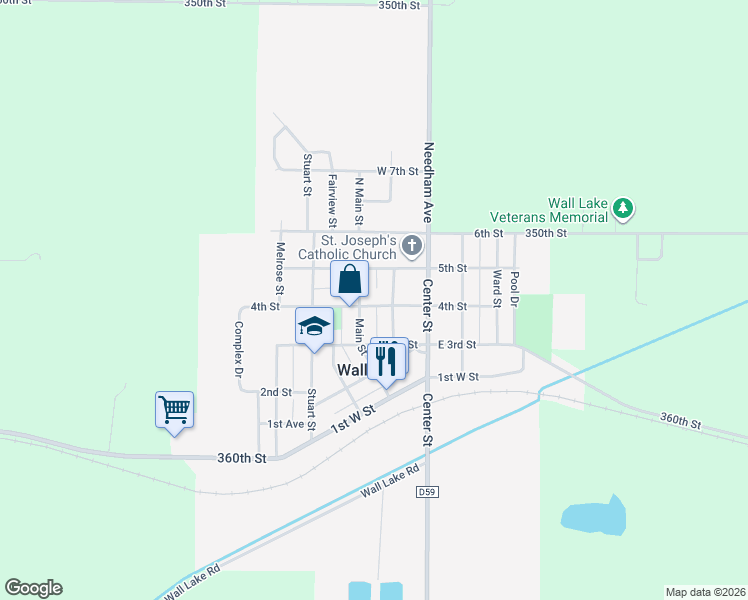 map of restaurants, bars, coffee shops, grocery stores, and more near 204 4th Street in Wall Lake