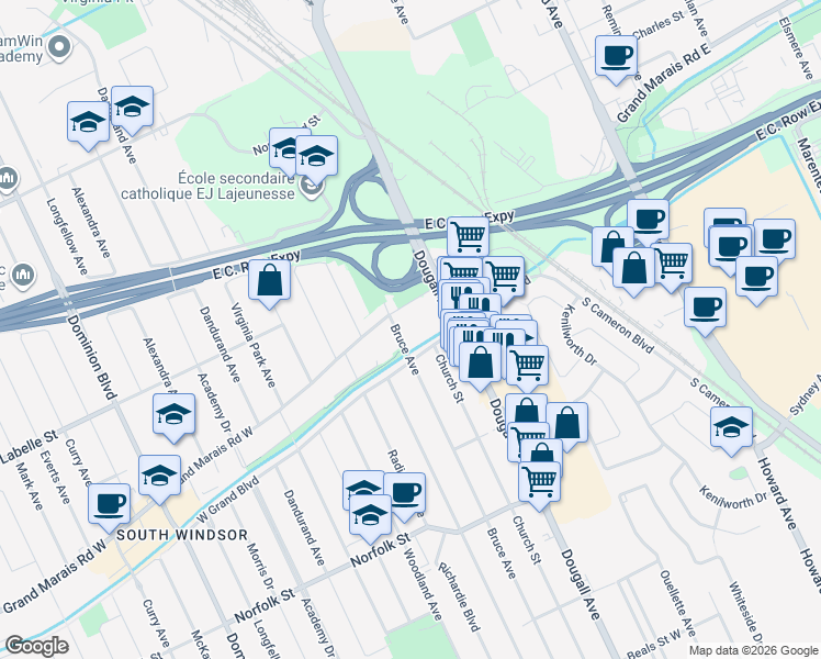 map of restaurants, bars, coffee shops, grocery stores, and more near 455 Grand Marais Road West in Windsor