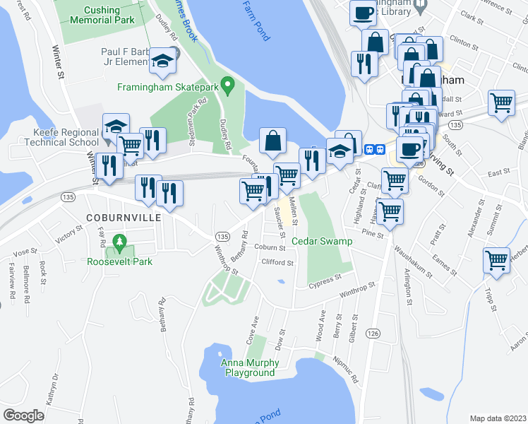 map of restaurants, bars, coffee shops, grocery stores, and more near 7 Bridges Street in Framingham
