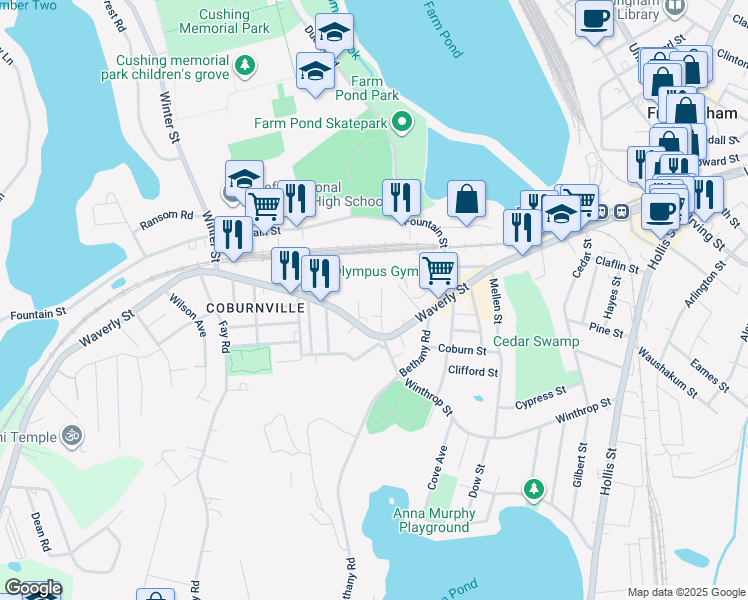 map of restaurants, bars, coffee shops, grocery stores, and more near 11 Rhubena Street in Framingham