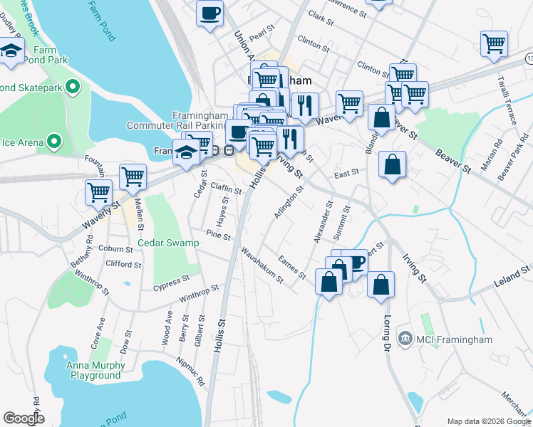map of restaurants, bars, coffee shops, grocery stores, and more near 79 Arlington Street in Framingham