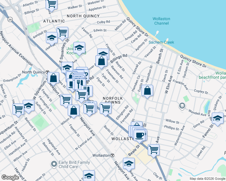 map of restaurants, bars, coffee shops, grocery stores, and more near in Quincy