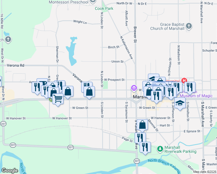map of restaurants, bars, coffee shops, grocery stores, and more near 635 West Mansion Street in Marshall