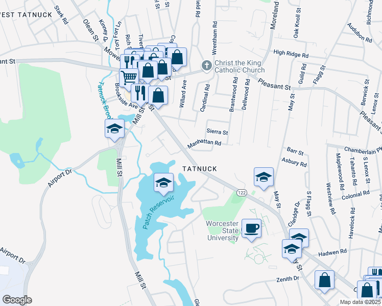 map of restaurants, bars, coffee shops, grocery stores, and more near 577 Massachusetts 122 in Worcester