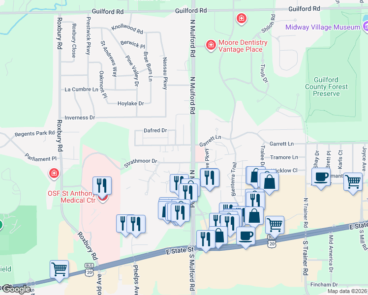 map of restaurants, bars, coffee shops, grocery stores, and more near 5941 Garrett Lane in Rockford