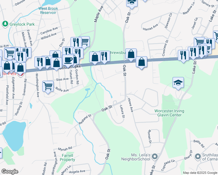 map of restaurants, bars, coffee shops, grocery stores, and more near 27 Sheridan Drive in Shrewsbury