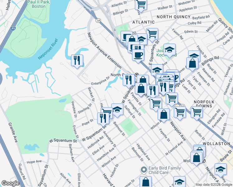 map of restaurants, bars, coffee shops, grocery stores, and more near 115 West Squantum Street in Quincy