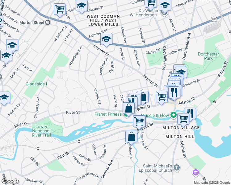 map of restaurants, bars, coffee shops, grocery stores, and more near 55 Idaho Street in Boston