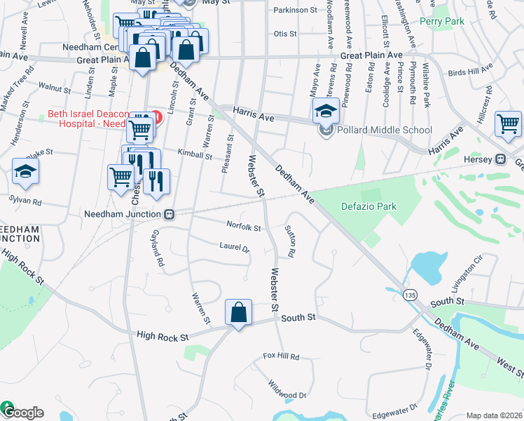 map of restaurants, bars, coffee shops, grocery stores, and more near 1019 Webster Street in Needham