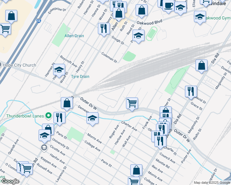 map of restaurants, bars, coffee shops, grocery stores, and more near 180 Gale Boulevard in Melvindale