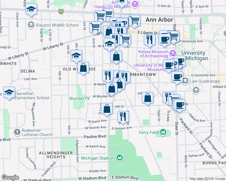 map of restaurants, bars, coffee shops, grocery stores, and more near 618 South Main Street in Ann Arbor