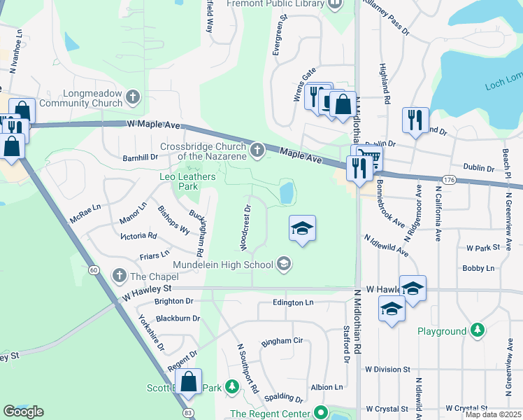 map of restaurants, bars, coffee shops, grocery stores, and more near 567 Woodhaven Drive in Mundelein