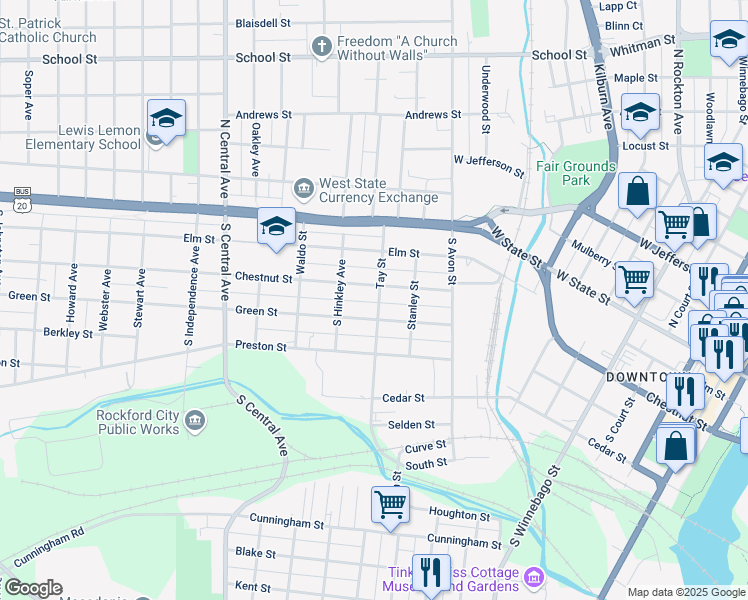 map of restaurants, bars, coffee shops, grocery stores, and more near 305 Tay Street in Rockford