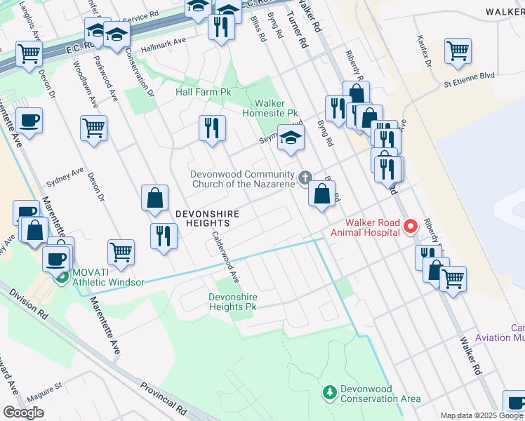 map of restaurants, bars, coffee shops, grocery stores, and more near 1516 Fuller Crescent in Windsor