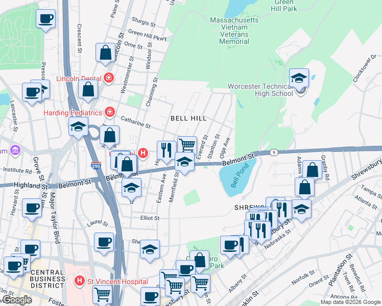 map of restaurants, bars, coffee shops, grocery stores, and more near 19 Rodney Street in Worcester