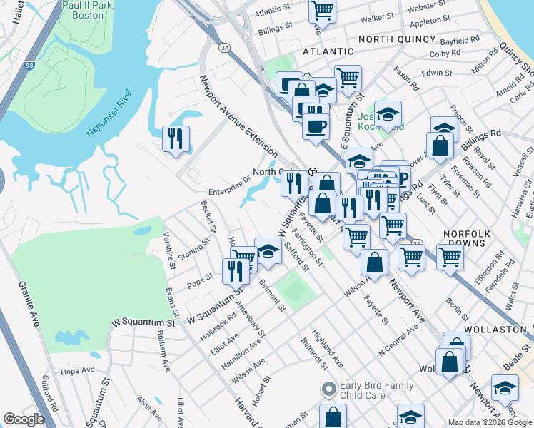 map of restaurants, bars, coffee shops, grocery stores, and more near 115 West Squantum Street in Quincy
