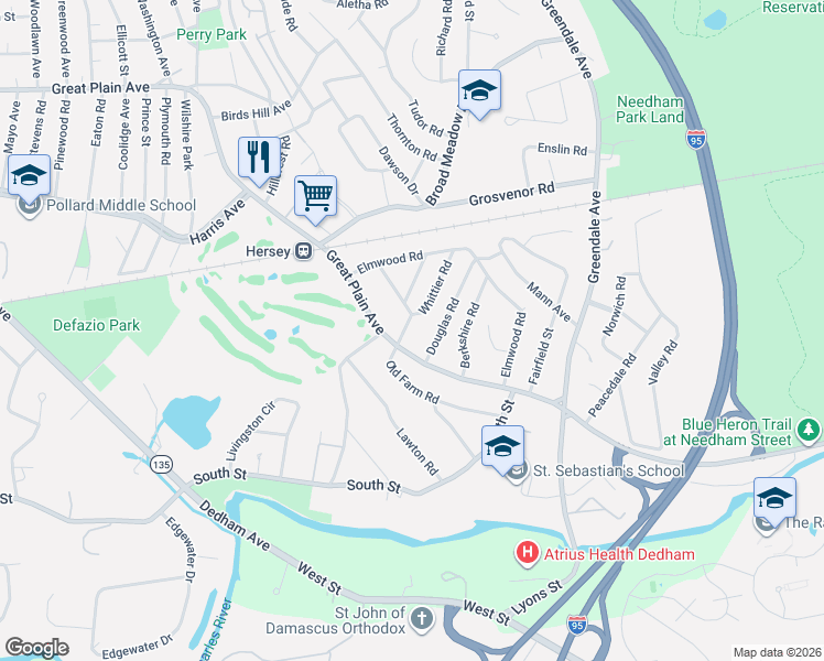 map of restaurants, bars, coffee shops, grocery stores, and more near 271 Great Plain Avenue in Needham