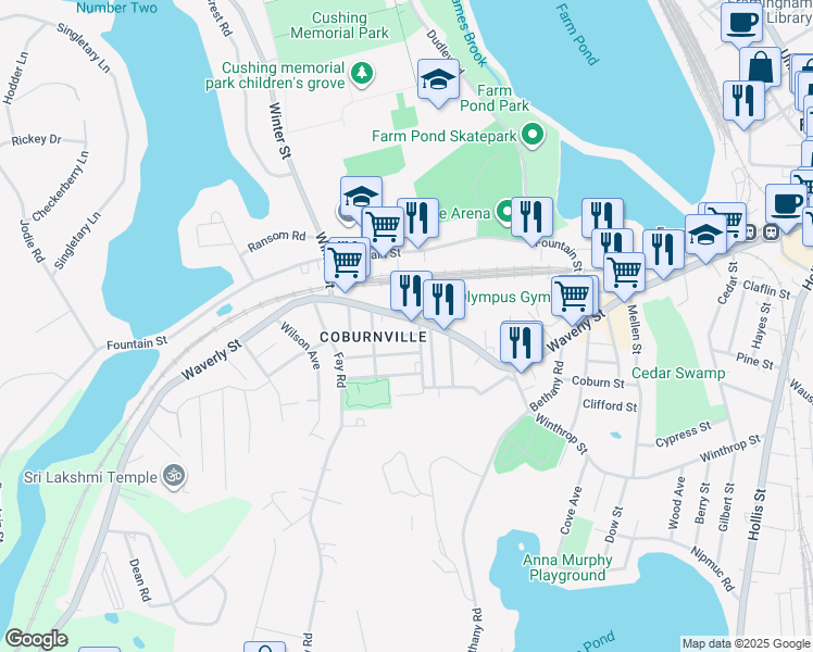 map of restaurants, bars, coffee shops, grocery stores, and more near 12 Daytona Avenue in Framingham