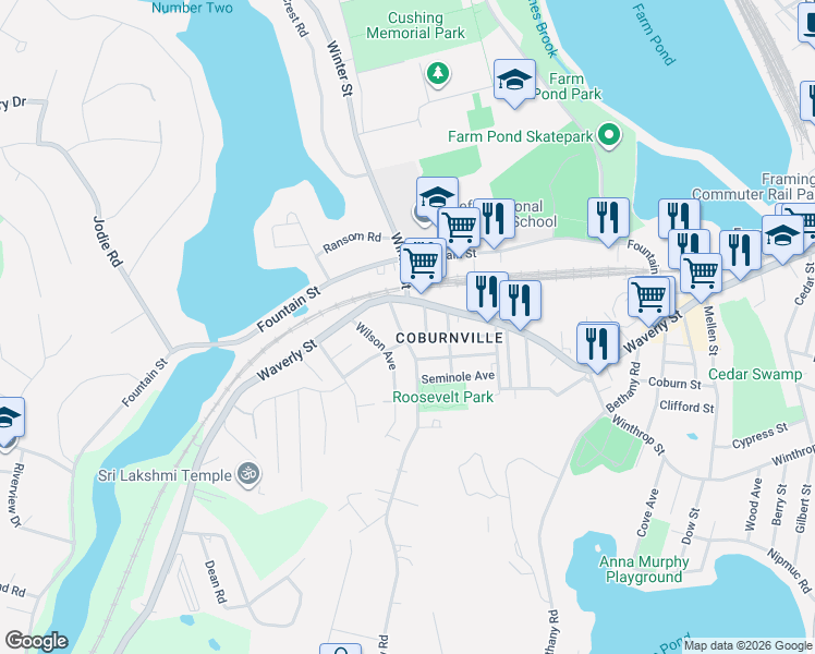 map of restaurants, bars, coffee shops, grocery stores, and more near 48 Benson Avenue in Framingham