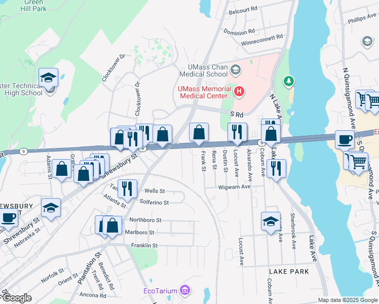 map of restaurants, bars, coffee shops, grocery stores, and more near 16 Carver Street in Worcester